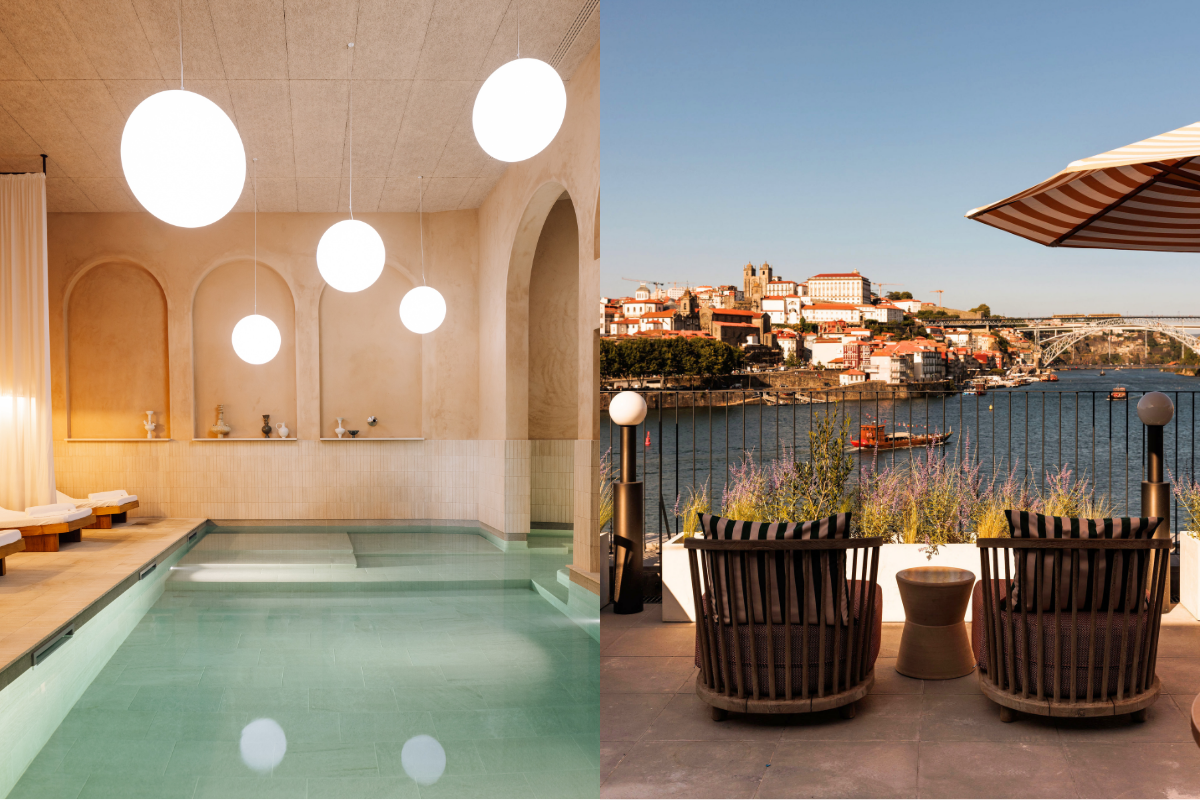 Split image: left side shows an indoor spa pool with round hanging lights and lounge chairs; right side shows two chairs on a terrace overlooking a river, cityscape, and bridge under a blue sky.