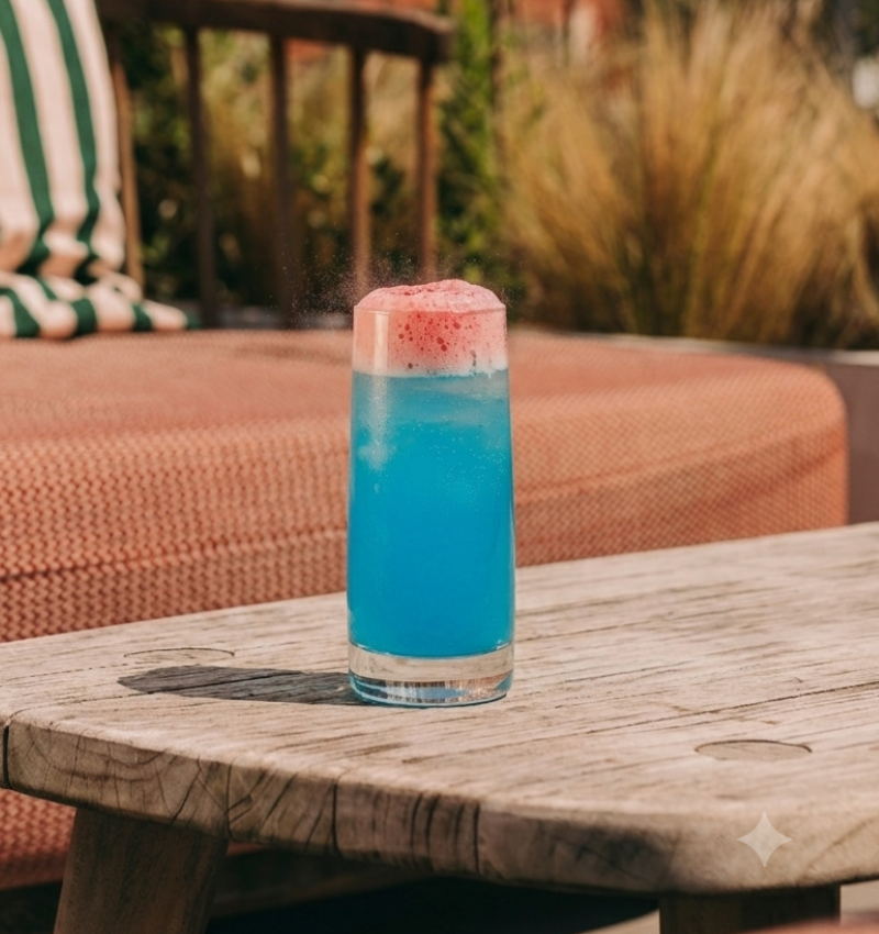 A tall glass of bright blue drink topped with pink foam sits on a rustic wooden table outdoors, with a cushioned bench and tall grasses in the blurred background.