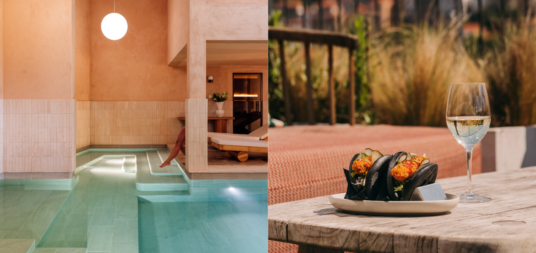 Left: An indoor pool with beige tiles and a person lounging by the water. Right: A plate of tacos and a glass of white wine on a wooden table outdoors with greenery in the background.