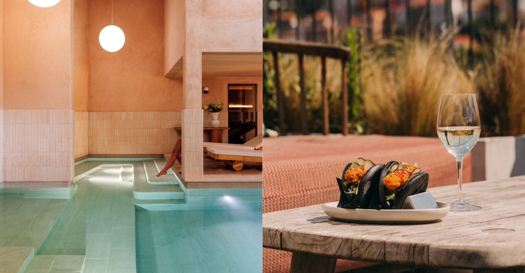 Left: An indoor pool with beige tiles and a person lounging by the water. Right: A plate of tacos and a glass of white wine on a wooden table outdoors with greenery in the background.